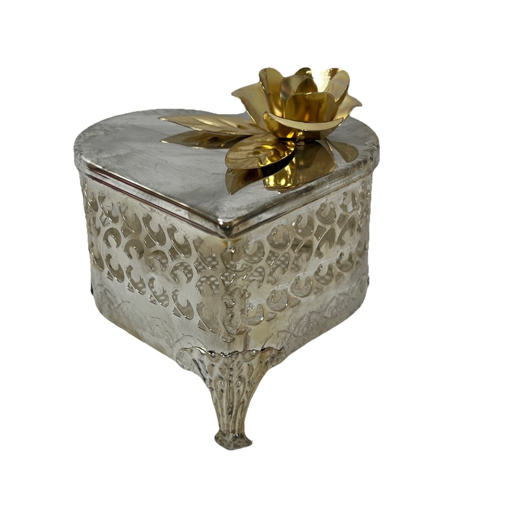 Heart and Rose Silver Plated Trinket Ring Jewelry Box, Filigree Silver Tone Mesh